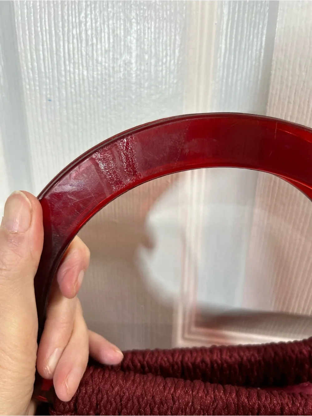 Burgundy Crochet Macrame Handbag Red Acrylic Handle Purse